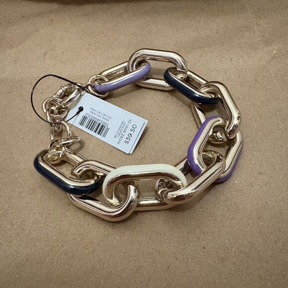 NWT Chico's Chunky Chain Link Bracelet Purple White Enamel Silver Tone Chic - Picture 2 of 4